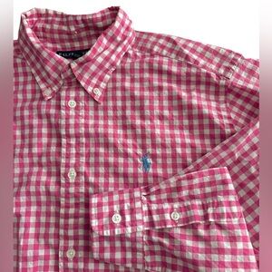 Ralph Lauren Long Sleeve Button Down Shirt - Mens XL - Pink Gingham Blue Pony